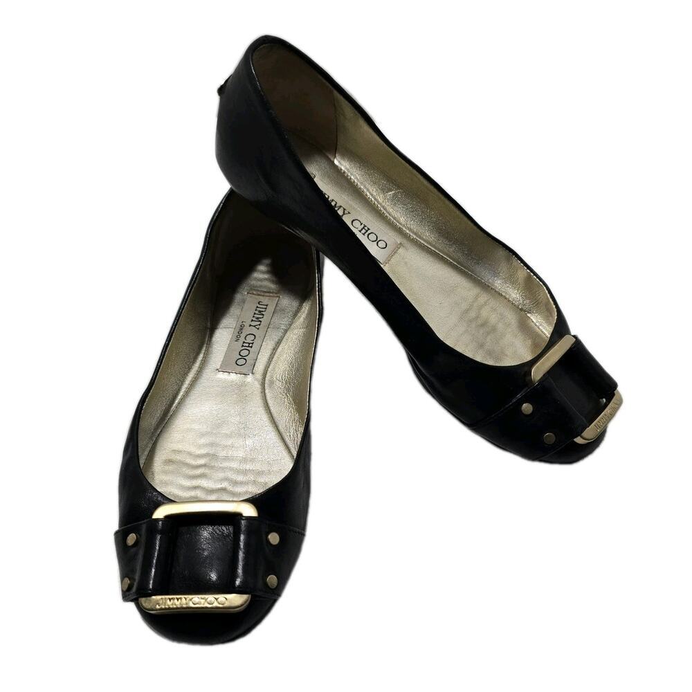 JIMMY CHOO Leather Ballet Flats Shoes Black Women's EU 36/US 6 ITALY MADE